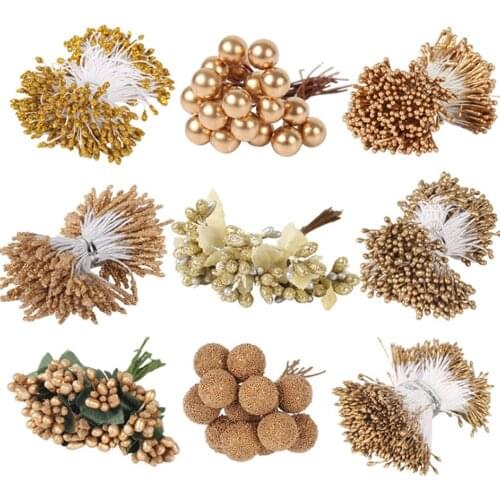 8 10 12 90 144PCS Gold Mixed Hybrid Flower Cherry Stamen Berries Bundle DIY Cake Christmas Wedding Gift Box Wreaths Decor