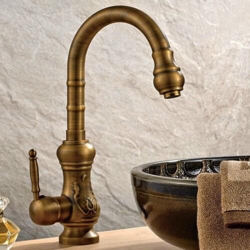 Antique Brass Single Handle Swivel Bathroom Kitchen Sink Vessel Sink Faucet Basin Mixer Taps asf001