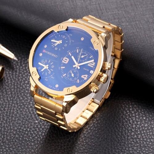 Chronograph Watches Men Top Brand Gold Steel Strip Quartz Sport Clock Multiple Time Zones Business Wristwatch Relogio Masculino