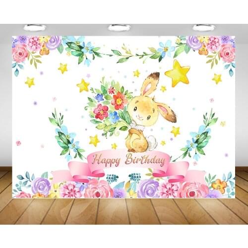 Floral Rabbit Happy Birthday Party Backdrop Decoration Watercolor Flowers Bunny Birthday Background Photography Rainbow Stars