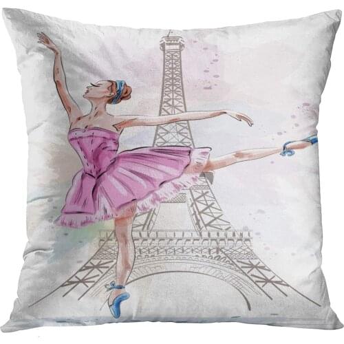 Sdamas Decorative Pillow Cover Paris Beautiful Ballerina Posing and Dancing on Eiffel Tower Girl Ballet Dancer Sketch City Throw