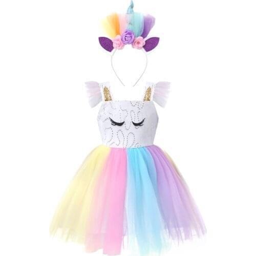 Kids Girls Dress Cosplay Outfit Sleeveless Sequins Top Rainbow Colorful Mesh Tutu Dress and Carton Hair Hoop Performance Costume