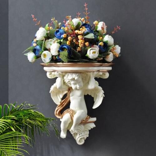 European 3D Stereo Wall Resin Angel Vase+Silk Flower Craft Decoration Wall Hanging Vase Wall TV Background Mural Vase Flower Pot