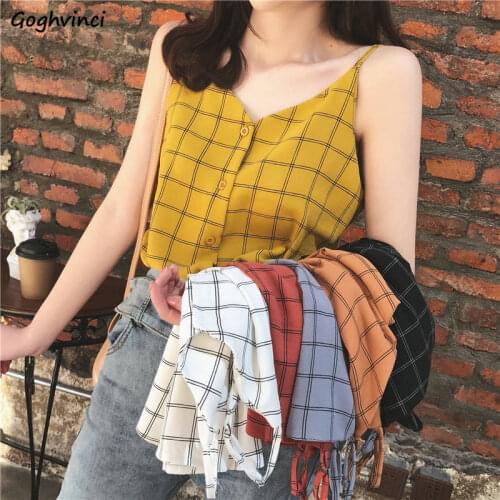 Camis Women Summer Chiffon Plaid Single-breasted Vintage Spaghetti Strap Camisole Womens Korean Style Loose All-match Ulzzang