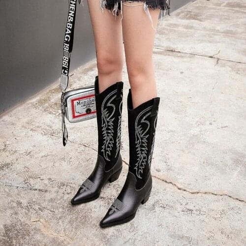 Embroidered Cowboy Boots Retro Net Red Thin Boots Pointed Toe High Knight Boot Wedge Heel Shoes Womens Knee-Length Western Boot