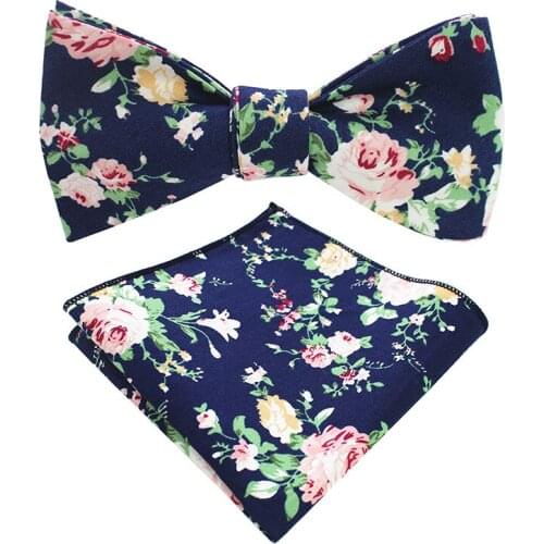 GUSLESON Mens Cotton Self Tie Bow tie Floral Bowtie and Pocket Square Set For Men Adjustable Tie Noeud Papillon Business Wedding