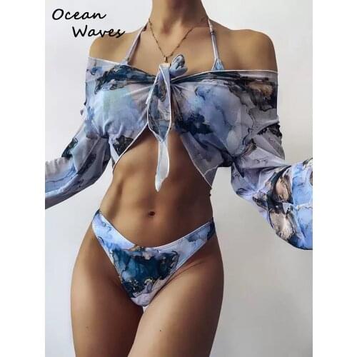 2021 New Women Tie Dye Print 3-Pieces Smock Swimsuit Marbling Sexy Skirt Bikini Set Long Sleeve Swimwear Beachwear Bathing Suit