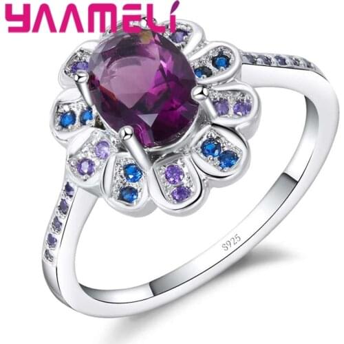 New Fashion Multicolor Flower Ring Luxury 925 Sterling Silver Filled Jewelry Vintage Wedding Gift For Women Birthday