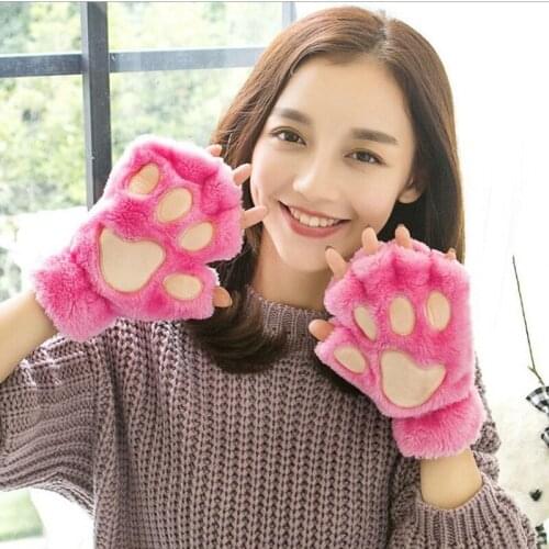 Women Bear Cat Paw Claw Gloves Soft Plush Winter Faux Fur Cute Fingerless Mittens Gloves Christmas Halloween for Girls