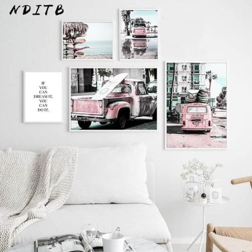 Sandy Beach Canvas Nordic Style Travel Poster Scandinavian Wall Art Print Pink Bus Seascape Painting Tropical Decoration Picture