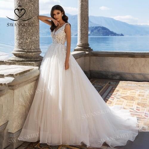Beach Sleeveless Wedding Dress 2021 V-neck Appliqued Lace A-Line Vestido De Novia Princess SwanSarah UZ14 Plus Size Bridal Gown