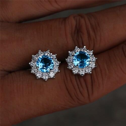 Luxury Female Rainbow Round Crystal Earring Charm Silver Color Small Stud Earrings Cute Flower Zircon Wedding Earrings For Women