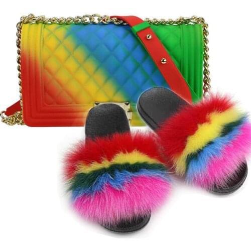 New Arrival Fashion Women Plush Fur Slides New Furry Fox Hair Sandals Shopping Shoulder Bags Casual Jelly Purses Fur Slippers