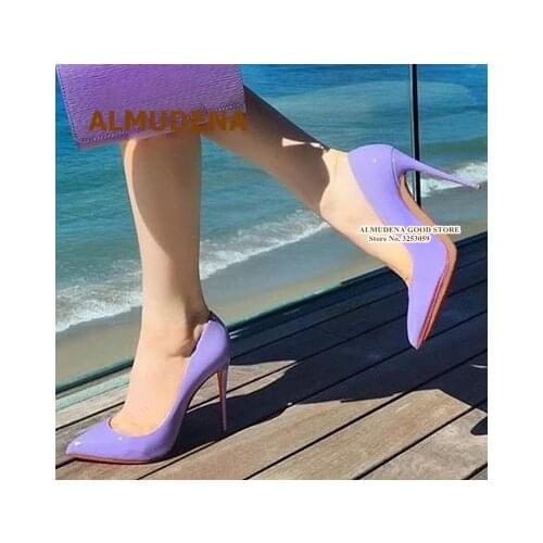 ALMUDENA Purple Patent Leather Pointed Toe Pumps 12cm Shallow Slip-on Wedding Shoes High Heel 10cm 8cm Party Shoes Size45 Pumps