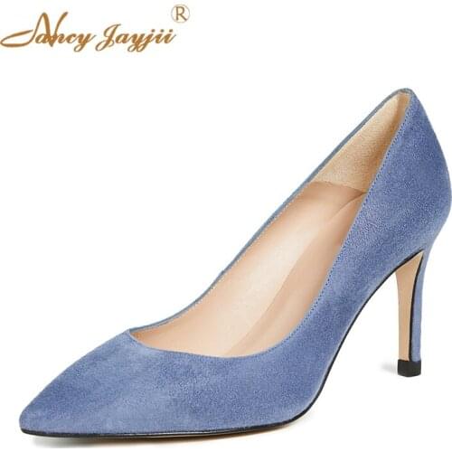 Women Pumps Blue Cute Mature Ladies Shoes 2021 Autumn Dress Party Pointed Toe Super High Thin Heels Flock Shallow Big Size 45 40