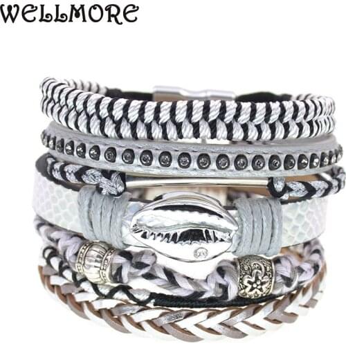 WELLMORE bohemia bracelets Leather bracelets handmade charm shell bracelets for women fashion jewelry drop shipping wholesale