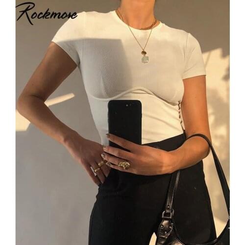 Rockmore Hot Sale White O-Neck Women Bodycon Tight T-shirt Short Sleeve Casual Fashion Female Tshirts Harajuku Streetwear Shirts