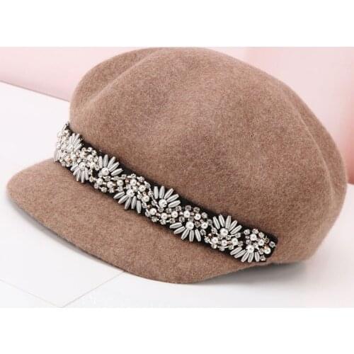 Lady Fedoras Wool Hat Hat Woman Autumn Winter Woolen Cap Female Wild Diamond Octagonal Hat Visors Warm Woolen Cap B-8920