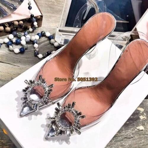 Transparent PVC Clear Pointed Toe Women Sandals High Heel Stiletto Crystal Diamond Glittering Rhinestone Pumps Large Size Weddin