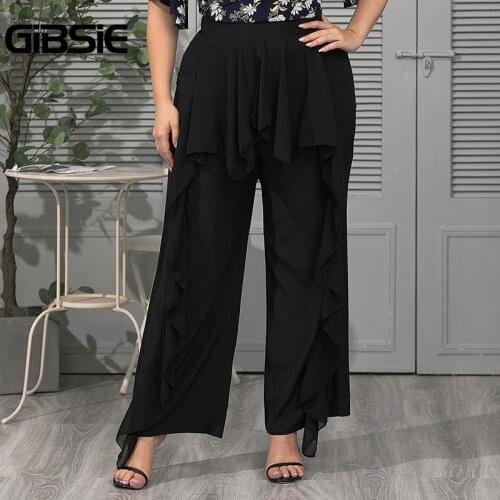 GIBSIE Plus Size Chiffon Ruffle Detail Wide Leg Pants Women Black Elegant High Waist Trousers For Ladies Office Summer 2021