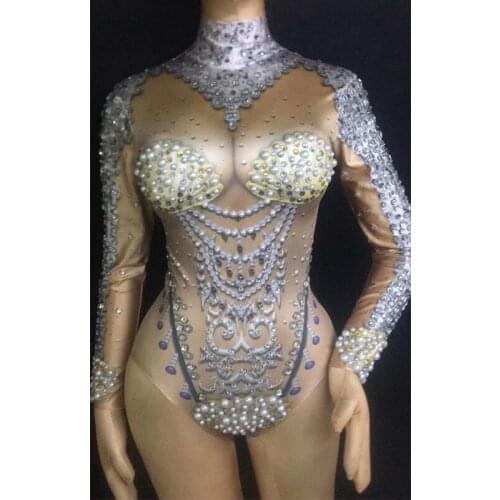 Female Singer Catwalk Model Dj Pole Dance Pearl Shell High Fork Jumpsuit Women Nightclub GoGo Dance Bodysuit Stage Costume DJ353