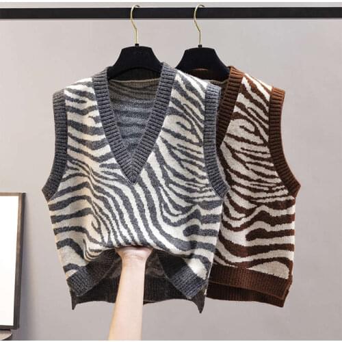 Zebra Pattern V-Neck Loose Knitted Vest Women Autumn Ladies Sweaters Korean Fashion Sleeveless Warm Pullover Vests Female C7617