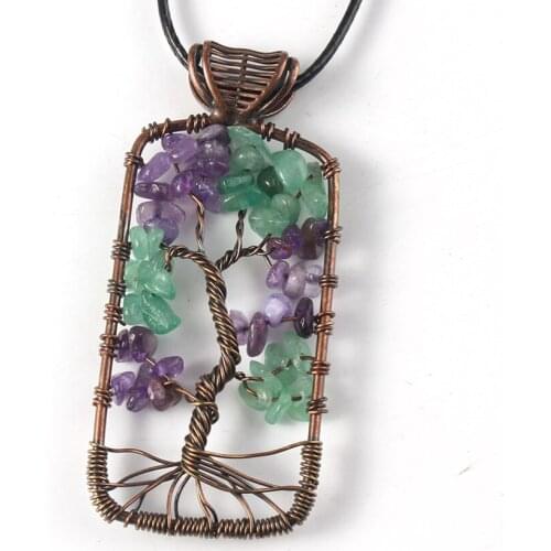 100-Unique 1 Pcs Copper Wire Wrap Natural Purple Amethysts Pendant Tree of Life Necklace Green Aventurine Jewelry