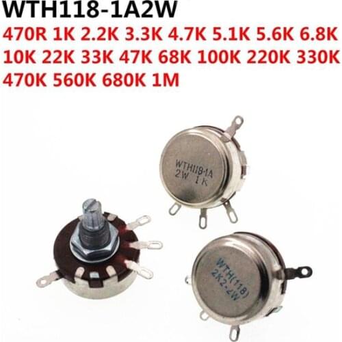 5PCS WTH118 2W 1A Potentiometer 1K 2.2K 4.7K 10K 22K 47K 100K 470K 1M WTH118-2W Round Shaft Carbon Rotary Taper Potentiometer