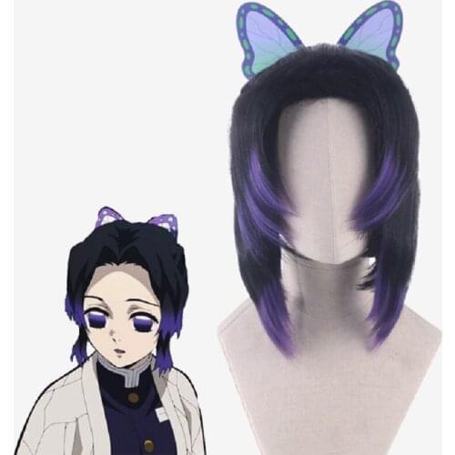 Anime Demon Slayer Cosplay Kochou Shinobu Wigs 35cm Short Heat Resistant Synthetic Hair+ Wig Cap For Girls