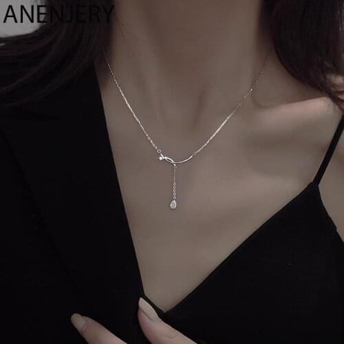Evimi 925 Sterling Silver Zircon Water Drop Tassel Necklace For Women Simple Temperament Clavicle Chain Party Jewelry