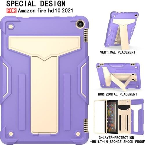 Kindle Case for Fire HD 10 Plus, Three Layer Hybrid Hard Shockproof Foam Durable Rugged Kid-Proof Multi-Purpose Kickstand Cover