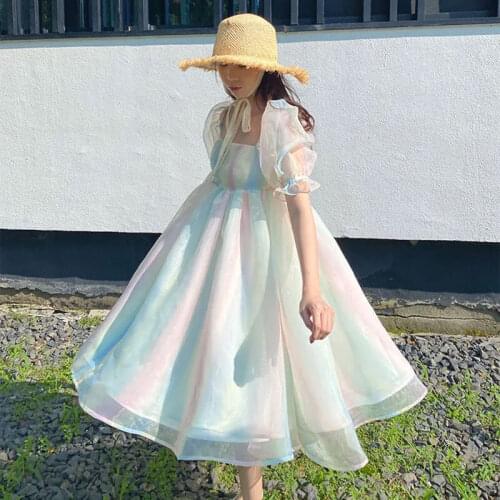 Backless Designer Kawaii Dress Women French Fairy Sweet Puff Sleeve Midi Rainbow Dress Korean Style Slim Sexy Summer Dress 2021