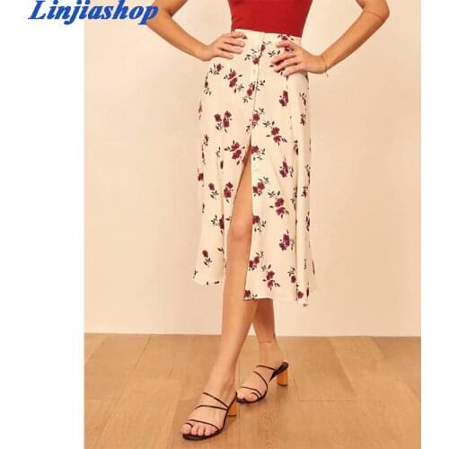 Elegant casual floral print midi skirt summer A line lining streetwear tulle skirt classical bloggers vestidos