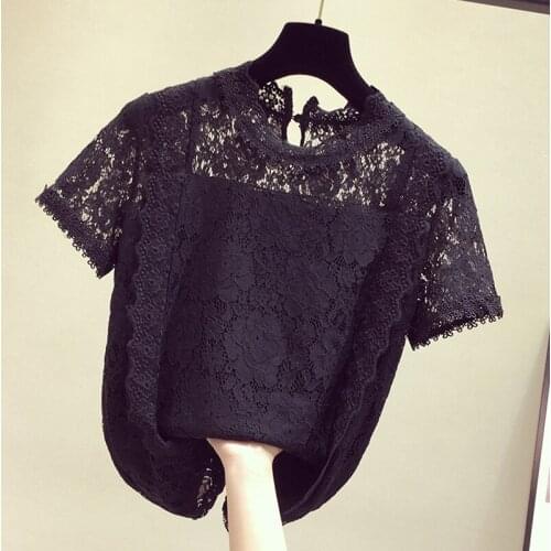 Lace Solid Women T-Shirts Summer New O-Neck Short-Sleeved Slim Office Lady Elegant Pulls Tops Tees