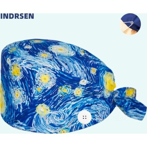 Van gogh painting Surgicals cap with buttons adjustable scrub hat beauty salon nursing cap lab work hat scrub caps women and men