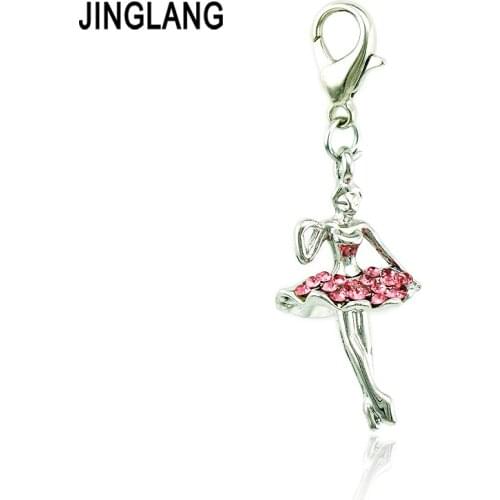 JINGLANG Fashion Lobster Clasp Dangle Charm Rhinestone Three-Dimensional Dancing Girls DIY Pendants Necklace Accessories Jewelry