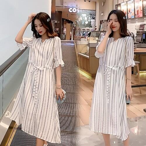 Summer Maternity Expectant Mother stripe Dresses Pregnant women Loose Short Sleeve V-Neck Dress Belt Fashion Vacation Clothes
