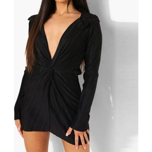 Summer Mini Dresses Women Vintage Outfit Long Sleeves Fashion Dress Turndown Collar Deep V-Neck Solid Color Sexy Party Club Wear
