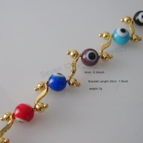 MIN ORDER 10$/CAN MIX /7.9" LADY - YELLOW GOLD SOLID GP EVIL EYE DIAMETER 6MM 0.24" BLUE RED BLACK GLASS BEADS BRACELET