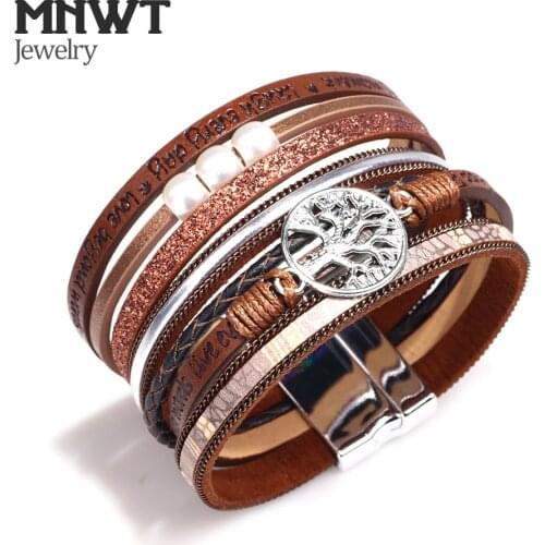 MNWT Women Multilayer Wristband Bohemian Style Fashion Hollow Life Tree Leather Printed Letters Bracelet