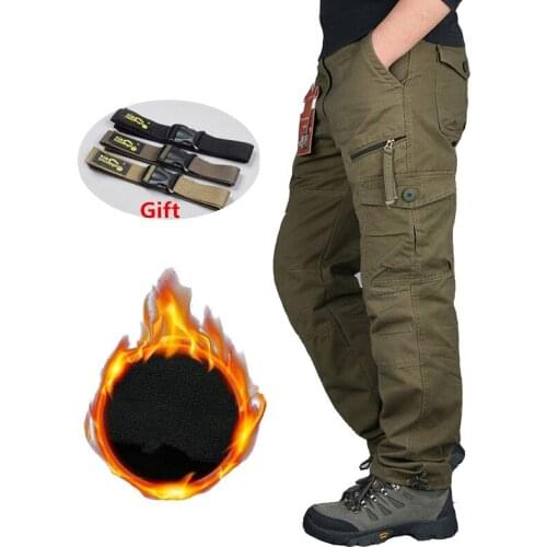 Mens Winter Cargo Pants Casual Fleece Thicken Pant Baggy Cotton Trousers Male Combat Military Tactical Pants with Multi Pockets