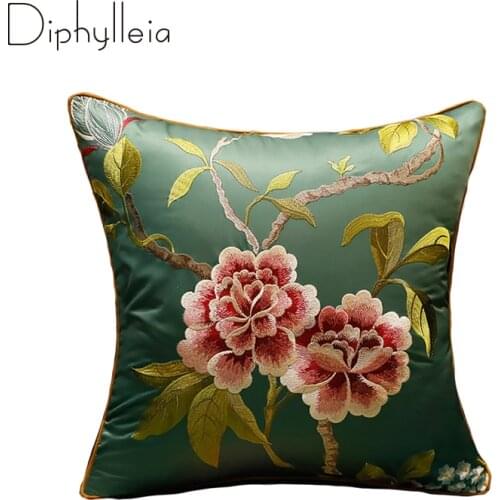 Diphylleia New Chinese Style Cushion Cover Flourishing Flowers Embroidered Exquisite Workmanship Big Throw Pillow Case 50x50cm