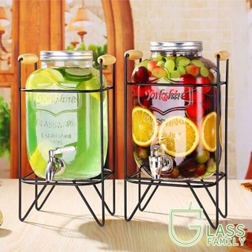GF Transparent Glass Beverage Dispenser, Cold Drink Bottle with ABS Faucet and Metal Stand, Large Capacity Glass Jug Juice Can