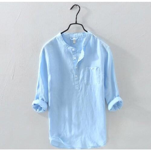 2021 Mens Cotton and Linen Casual Shirt Mens Long Sleeves Fashion Standing Collar Solid Color Large Size Shirt Mens Shirts