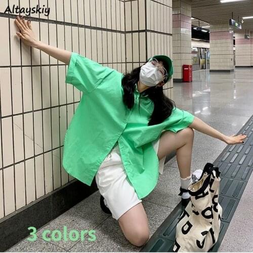 Shirts Women Solid Minimalist Loose Summer Students 3 Colors BF Style Ulzzang New All-match Ladies Basic Leisure Streetwear Ins