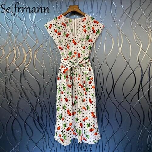 Seifrmann New 2021 Autumn Women Fashion Designer Party Long Dress Sexy V-Neck Bow Sashes Dot Cherry Print A-Line Dress Vestidos