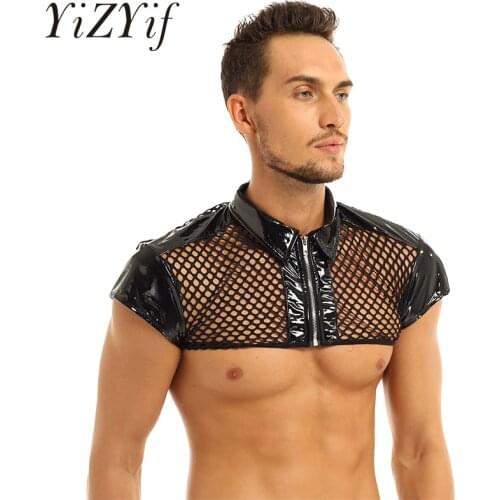 Sexy Police Uniform Clubwear See Through Fishnet Cap Sleeve Splice Shoulder Chest Harness Shirt Muscle Clubwear Half Tank Top