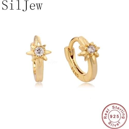 SilJew 100% 925 Sterling Silver Gold 6.8mm Huggies Circle Piercing Hoops Women Fashion Fine Jewelry 2021 Wedding Crystal Zircon