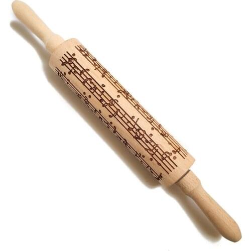 Hot Newest Portable Size Biscuit Fondant Cake Patterned Roller Rolling Pins Music Notes Wooden Rolling Embossing Baking Cookies