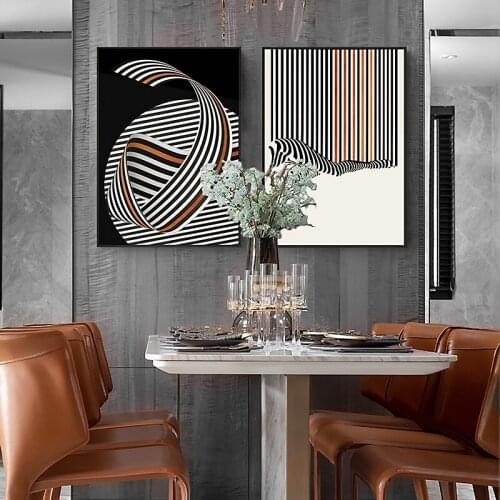 Stripes Modern Minimalist Orange Abstract Line Decorative Painting Black and White Gray Minimalist Style Painting Studio Mural